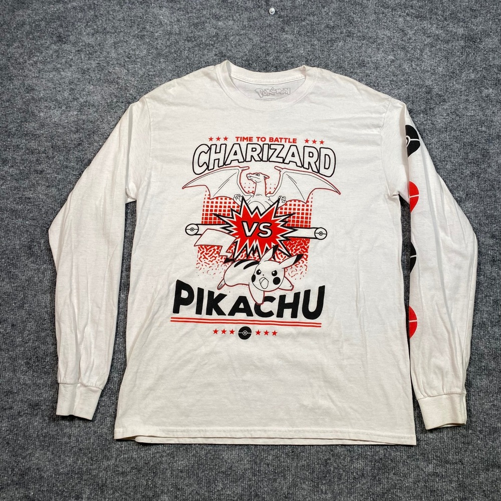 Pokemon Charizard vs Pikachu Long Sleeve Graphic T-Shirt Mens Medium White